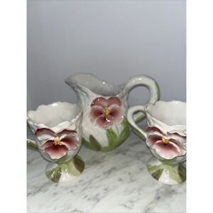 Pansies  6" Cream Pitcher 3D  Made In The Philippines With 2 4 3/4 Matching Cups